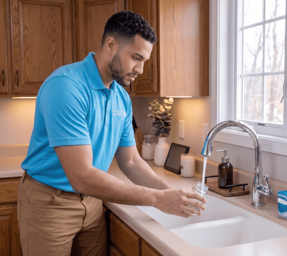 Technician testing water at sink